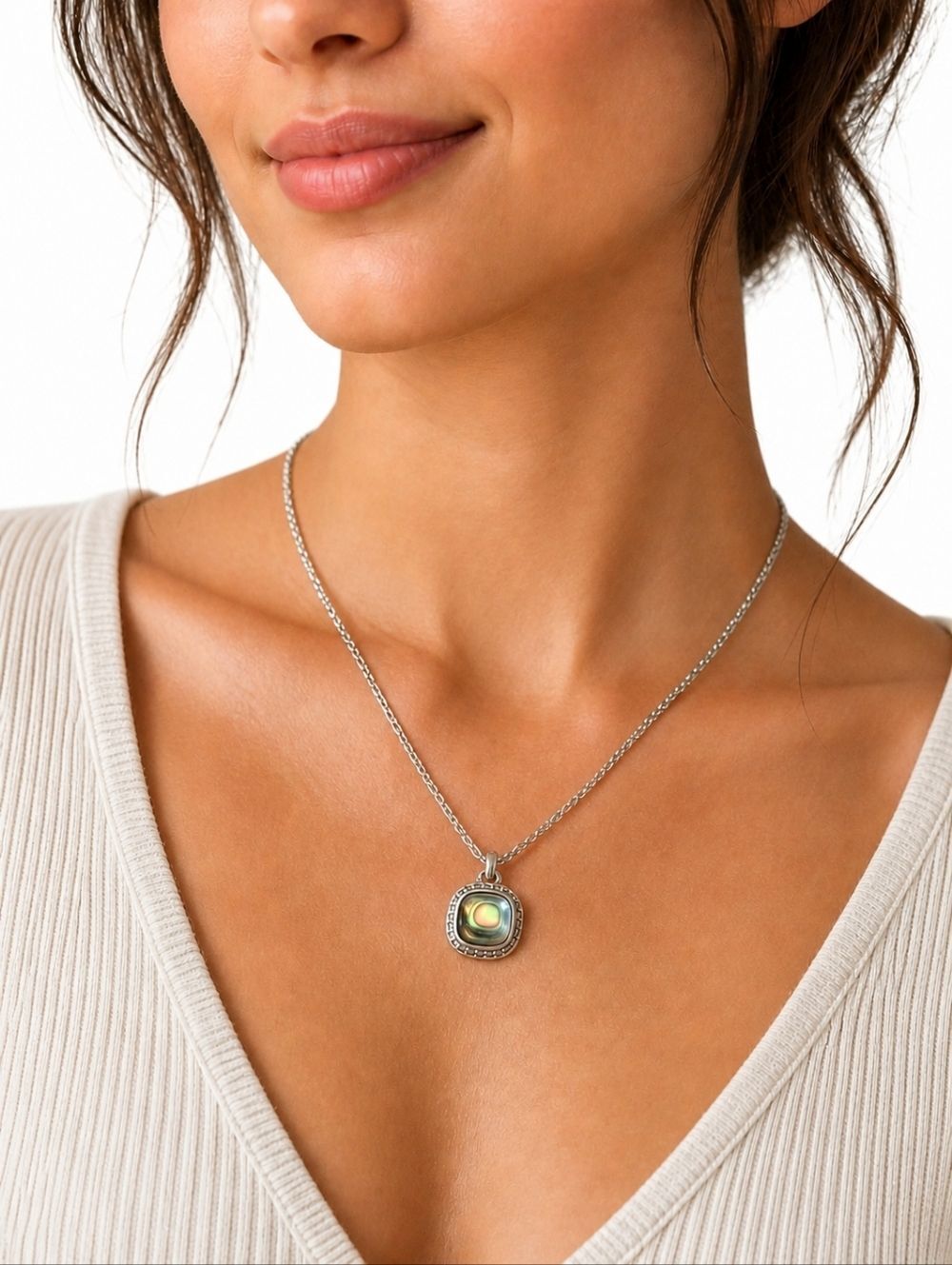 925 Sterling Silver Abalone Shell Pendant Necklace Adjustable 18” Chain